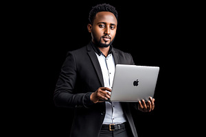 Businessman standing holding laptop, a Business Photo by HubbaDigitals