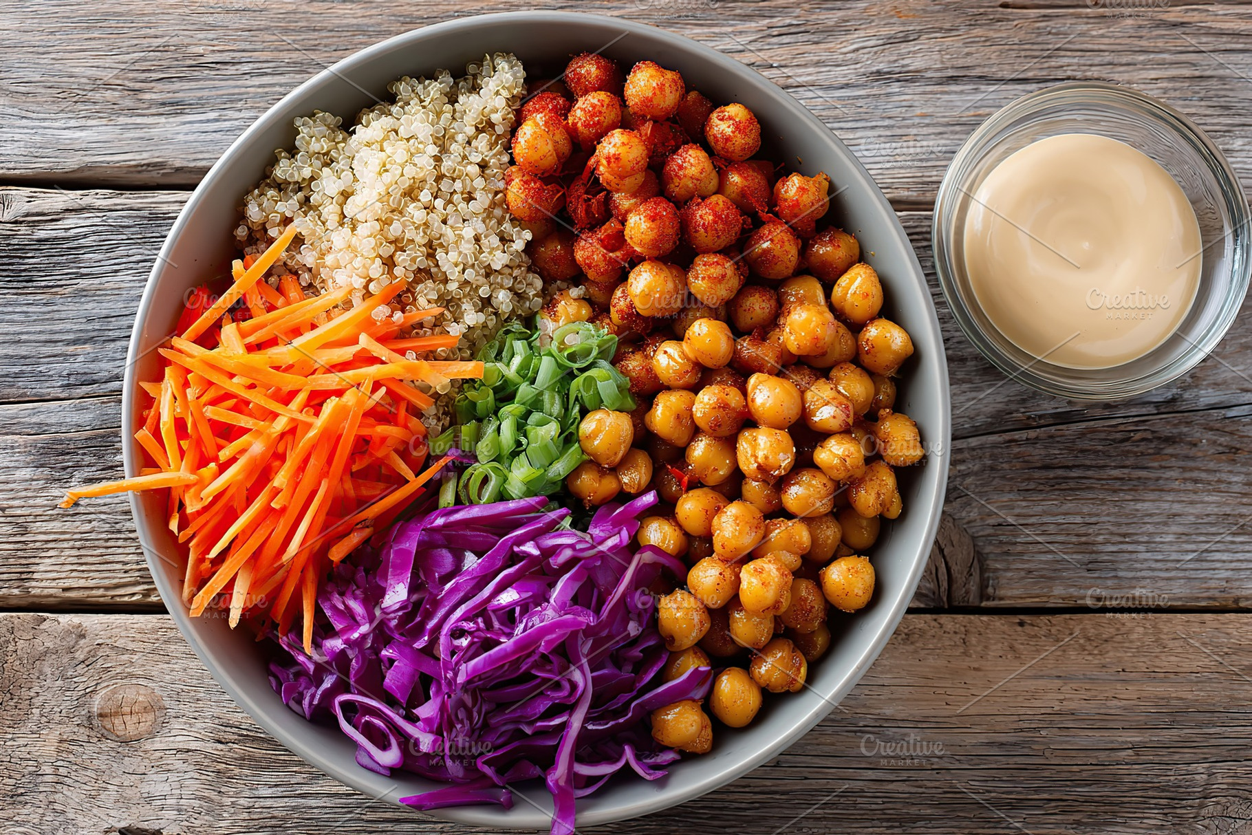 Colorful vegan Buddha bowl featuring quinoa, chickpeas, and fresh vegetables, a Food & Drink Photo by AlyaAnd