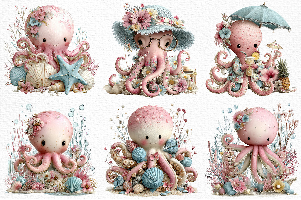 Whimsical Summer Octopus Clipart, an Illustration by Craft Nest (Photo 3 of 6)