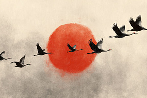 Cranes flying against a red sun, a Photo by Beautiful things