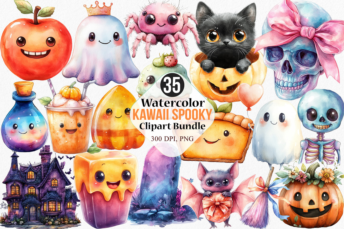 Watercolor Kawaii Spooky Clipart, an Illustration by Canvas Craft (Photo 1 of 7)