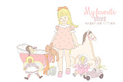 Baby girl with vintage toys clipart, an Illustration by Magic Story Studio (Thumbnail 1 of 2)