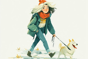 Woman walking dog in winter outdoor lifestyle illustration, a Person Photo by José Manuel Gelpi