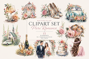 22Watercolor Wedding Clipart PNG Set, an Illustration by Jalina Clipart Studio