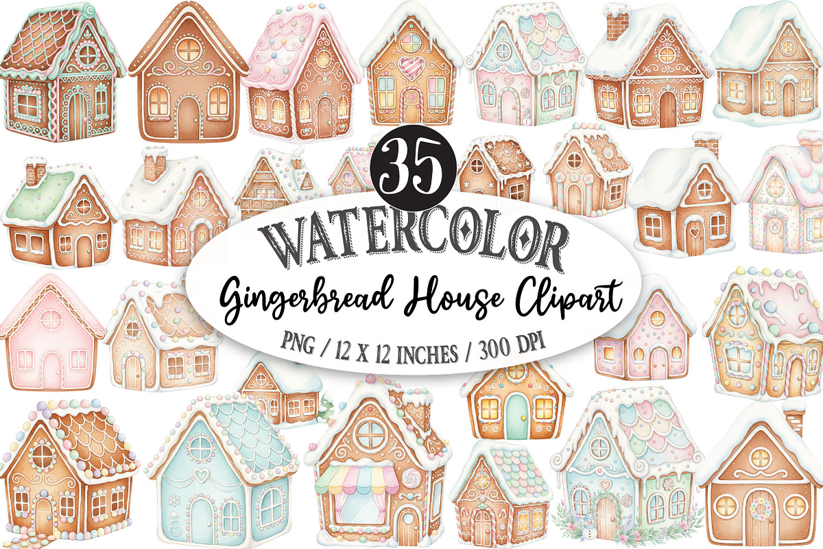 Watercolor Gingerbread House Clipart, an Illustration by Designking (Photo 1 of 5)