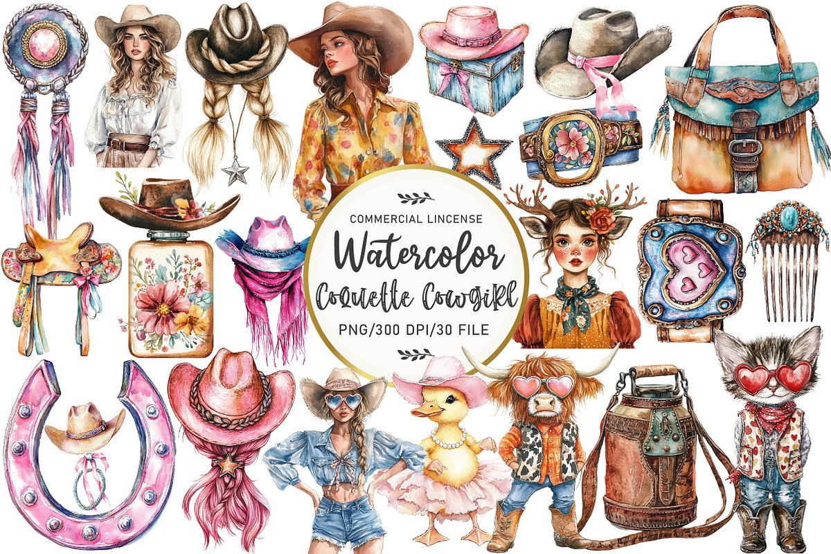 Watercolor Coquette Cowgirl Clipart, an Illustration by OK Design (Photo 1 of 5)