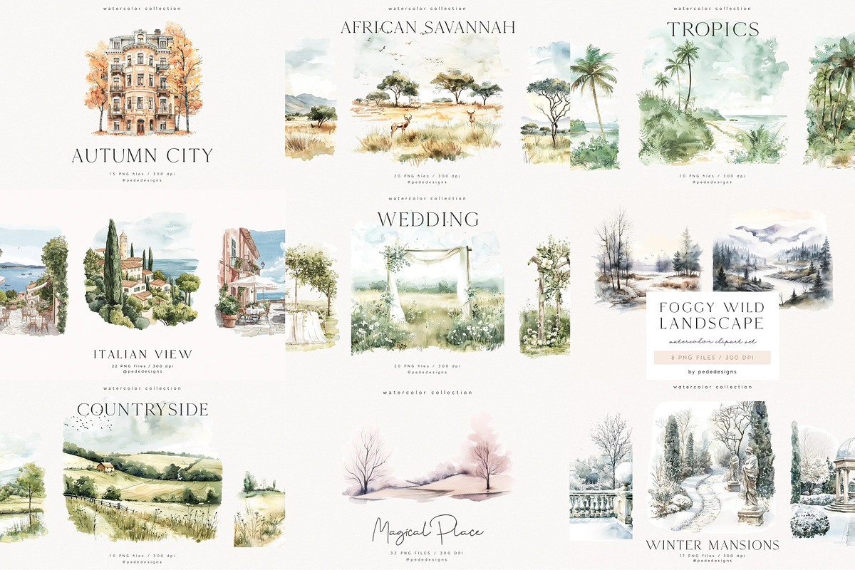 Watercolor Landscapes Bundle, a Decorative Illustration by PeDe Designs (Photo 6 of 14)