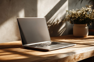 Modern Laptop on Wooden Desk in Warm Sunlight Home Office Settin, a Beauty & Fashion Photo by José Manuel Gelpi