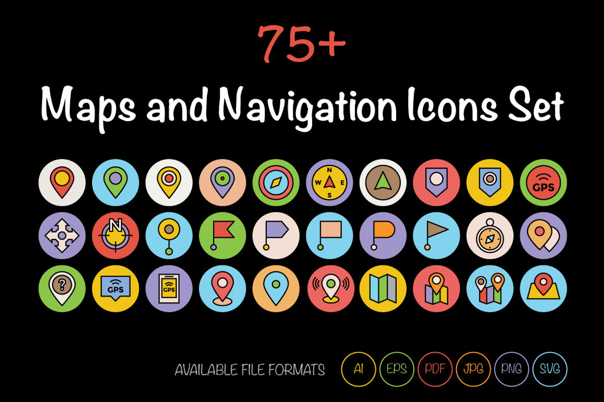 75+ Maps and Navigation Icons Set, an Icon by Vectors Market