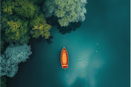 Solitary red boat by lakeside forest, a Nature Photo by Ylivdesign