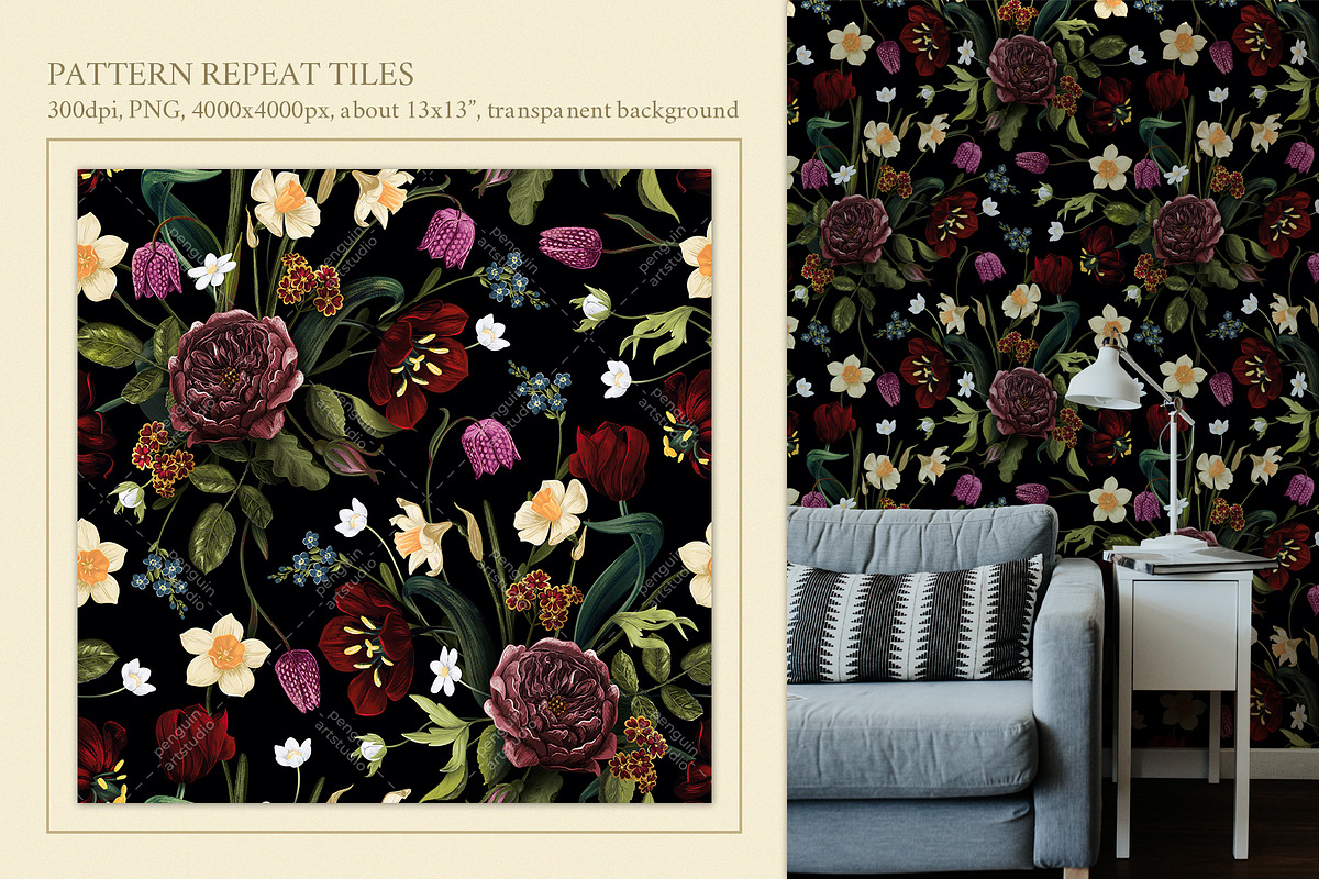 Dark Botanical Flowers pattern&motif, a Decorative Illustration by PenguinArtStudio (Photo 2 of 6)