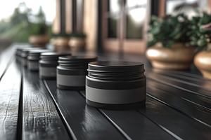 Aesthetic arrangement of sleek black skincare jars on a wooden t, a Background Photo by ImageMir