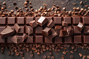 Delicious dark chocolate bar with broken pieces and chocolate ch, a Food & Drink Photo by ImageMir