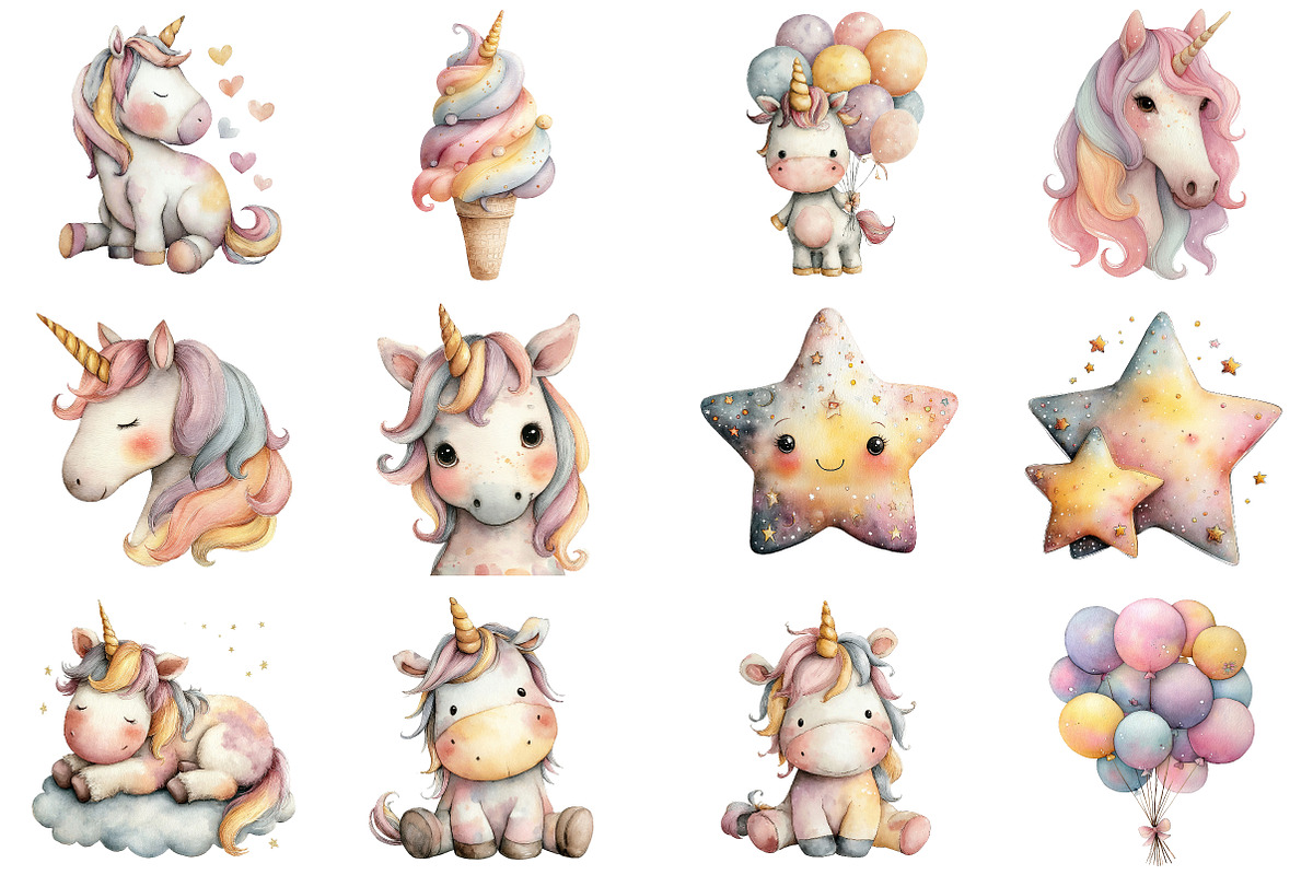 Watercolor Cute Unicorn Clipart, an Illustration by Sublimation Artist (Photo 4 of 7)