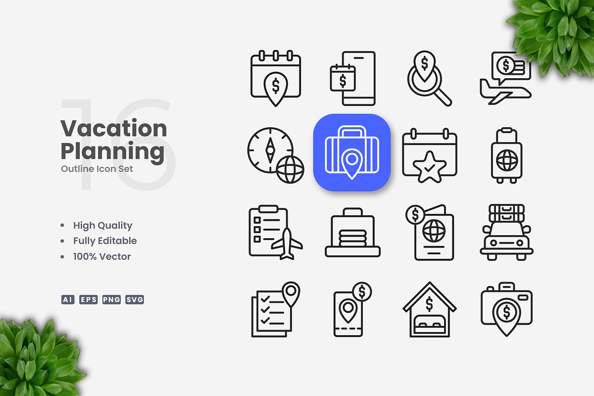 Vacation Planning Outline Icons, an Icon by Upnowgraphic