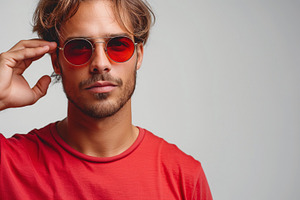 Stylish young man in red shirt and round sunglasses, exuding confidence and coo, a Person Photo by ImageMir