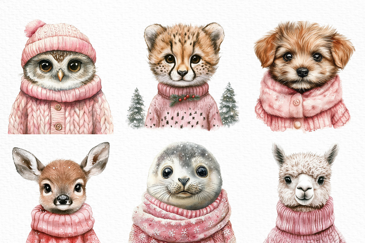Pink Jumper Animals Christmas Clipar, an Illustration by Craft Nest (Photo 2 of 6)