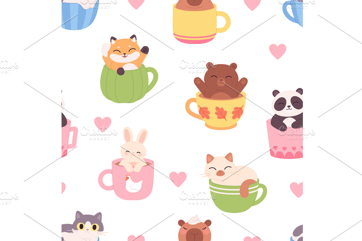 Funny animals in cups seamless, an Animal Illustration by LadadikArt