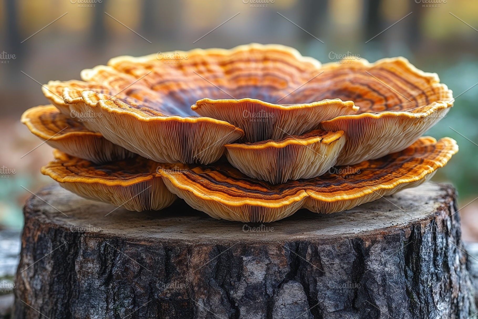Colorful fungi grow on a tree stump, a Photo by Tanuart