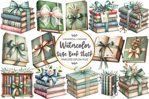 Sage Coquette Bow Book Stack Clipart, an Illustration by OK Design