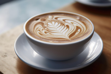 Cup of coffee with latte art in restaurant on wooden background. Generative AI, a Food & Drink Photo by AlyaAnd