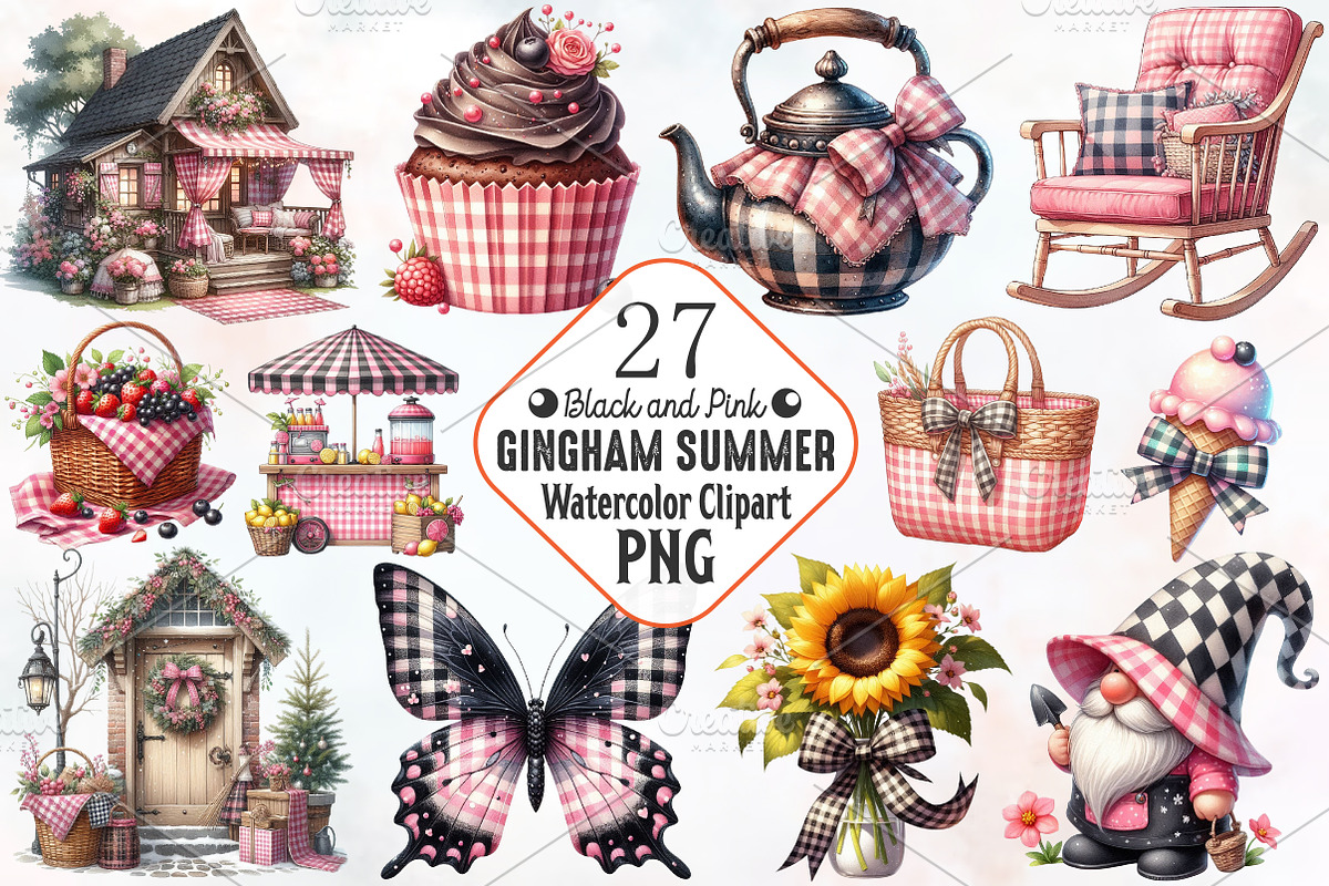 Black and Pink Gingham Summer Clipar, a Seasonal Illustration by RobertsArt (Photo 1 of 7)