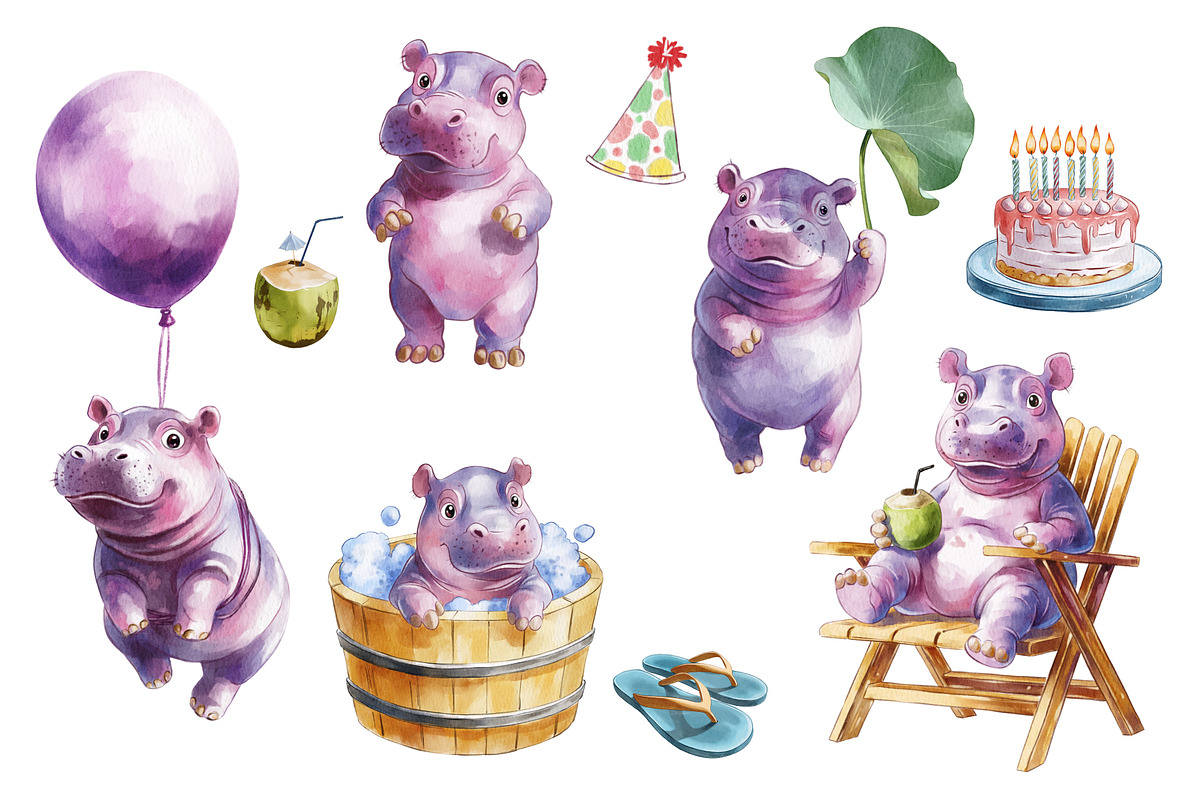 Birthday Hippo – Watercolor Clipart, an Illustration by IrynaPanashii (Photo 2 of 9)