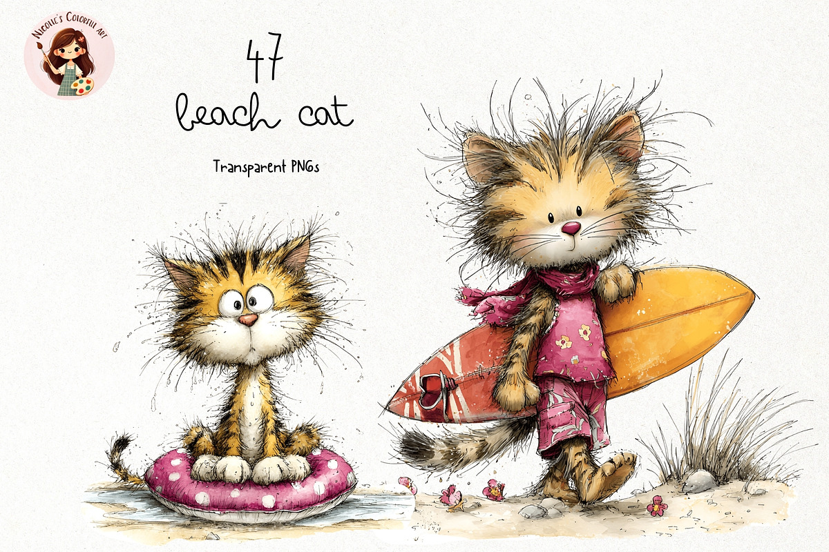Beach Cat PNG Clipart Watercolor, a Seasonal Illustration by Nicolle's Colorful Art (Photo 1 of 4)