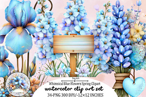 Whimsical Blue Flowers Spring Clipar, an Illustration by SVGArt