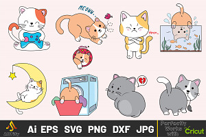 Funny Kawaii Cats Vector Clipart Set