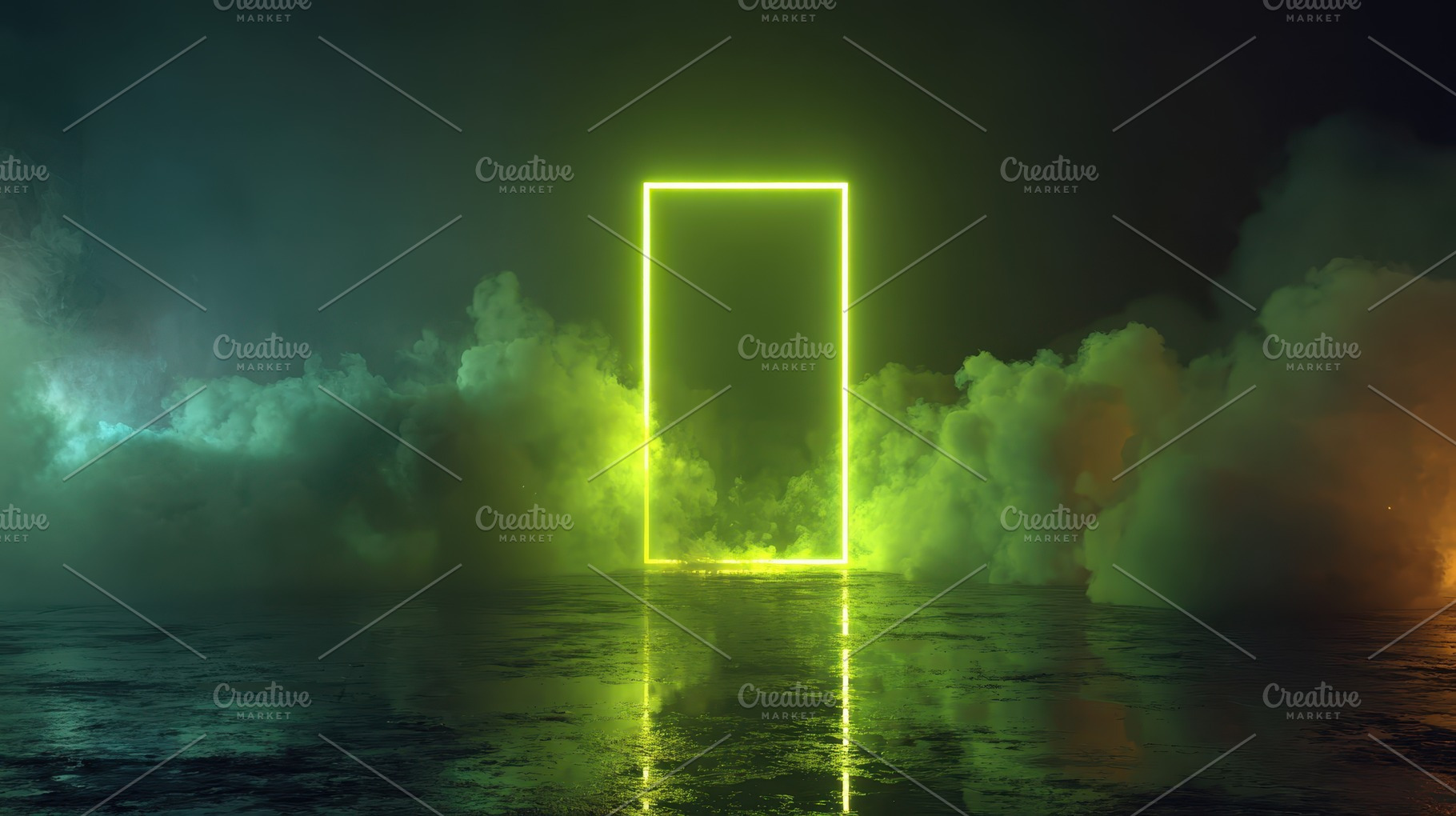 Neon Green Portal in Misty Landscape, a Photo by Pixeness Studio