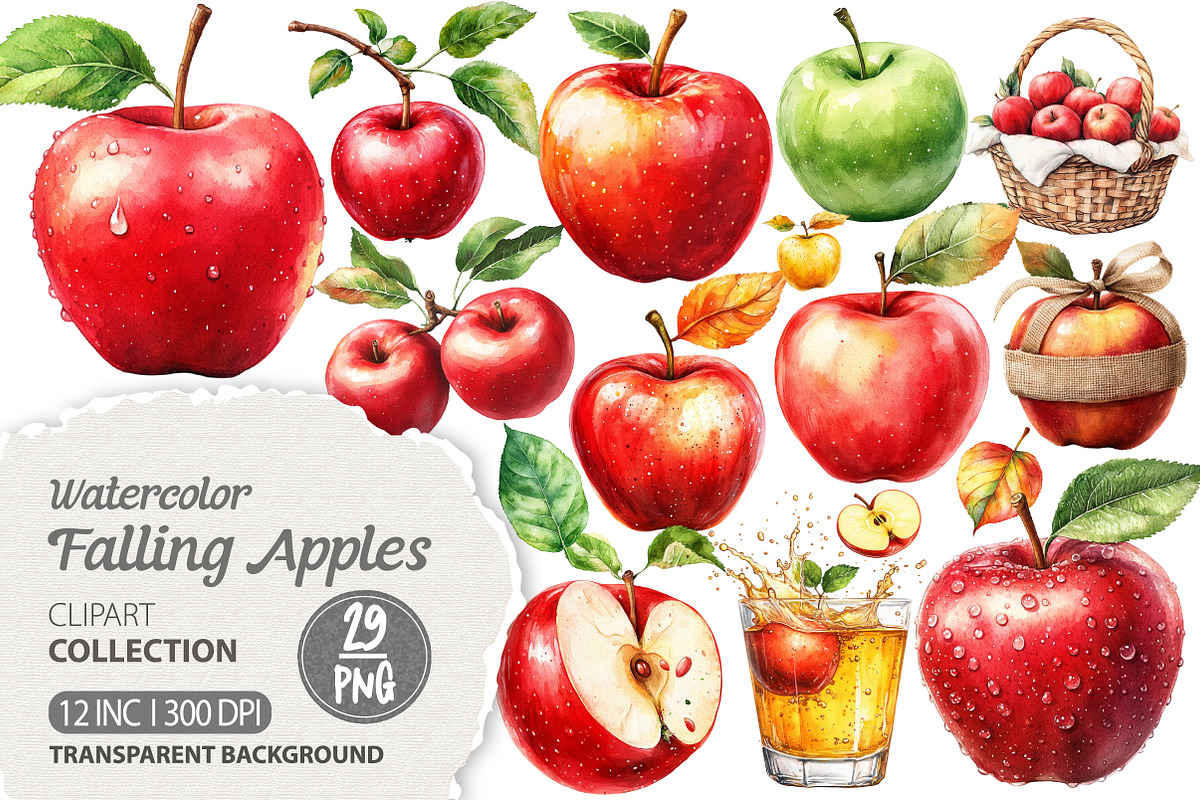 Falling Apples Watercolor Clipart, an Illustration by Dream Creation (Photo 1 of 6)