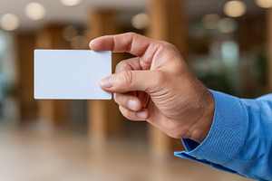 A male hand holding a blank business card, set against a blurred interior backg, a Business Photo by ImageMir