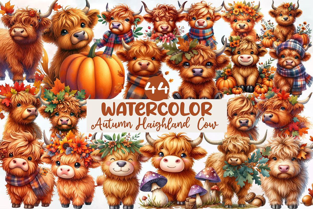 Watercolor Autumn Haighland Cow, a Seasonal Illustration by Designworld (Photo 1 of 6)