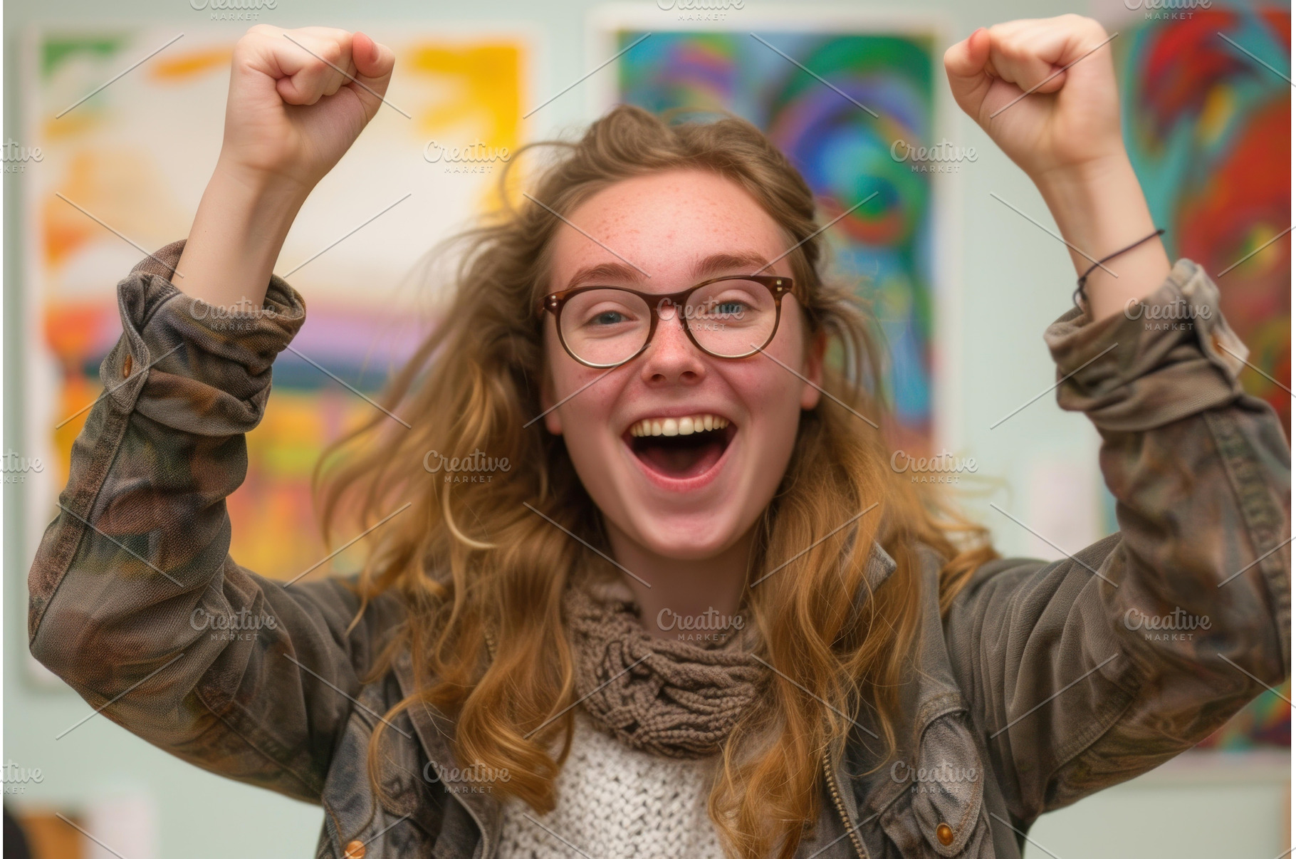 Happy teenage girl celebrating with, a Person Photo by Ylivdesign