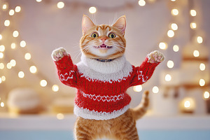Ginger cat twirls on ice skates in a festive sweater during winter wonderland f, an Animal Photo by AlyaAnd