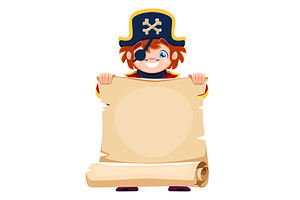 Kid boy pirate character with scroll, a Person Illustration by Vector Tradition