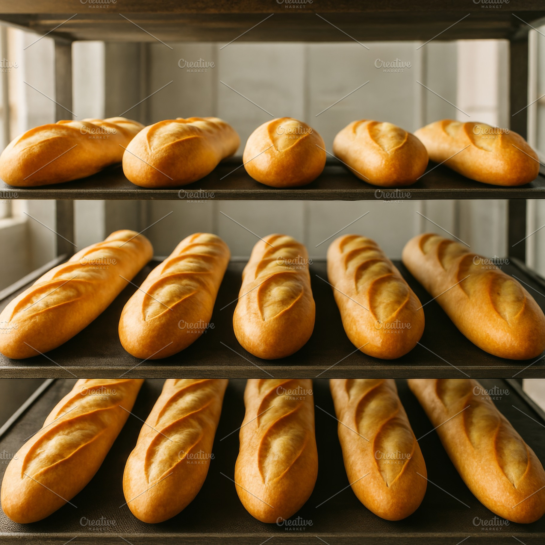 Freshly baked baguettes on trays in, a Photo by Dvoevnore photos