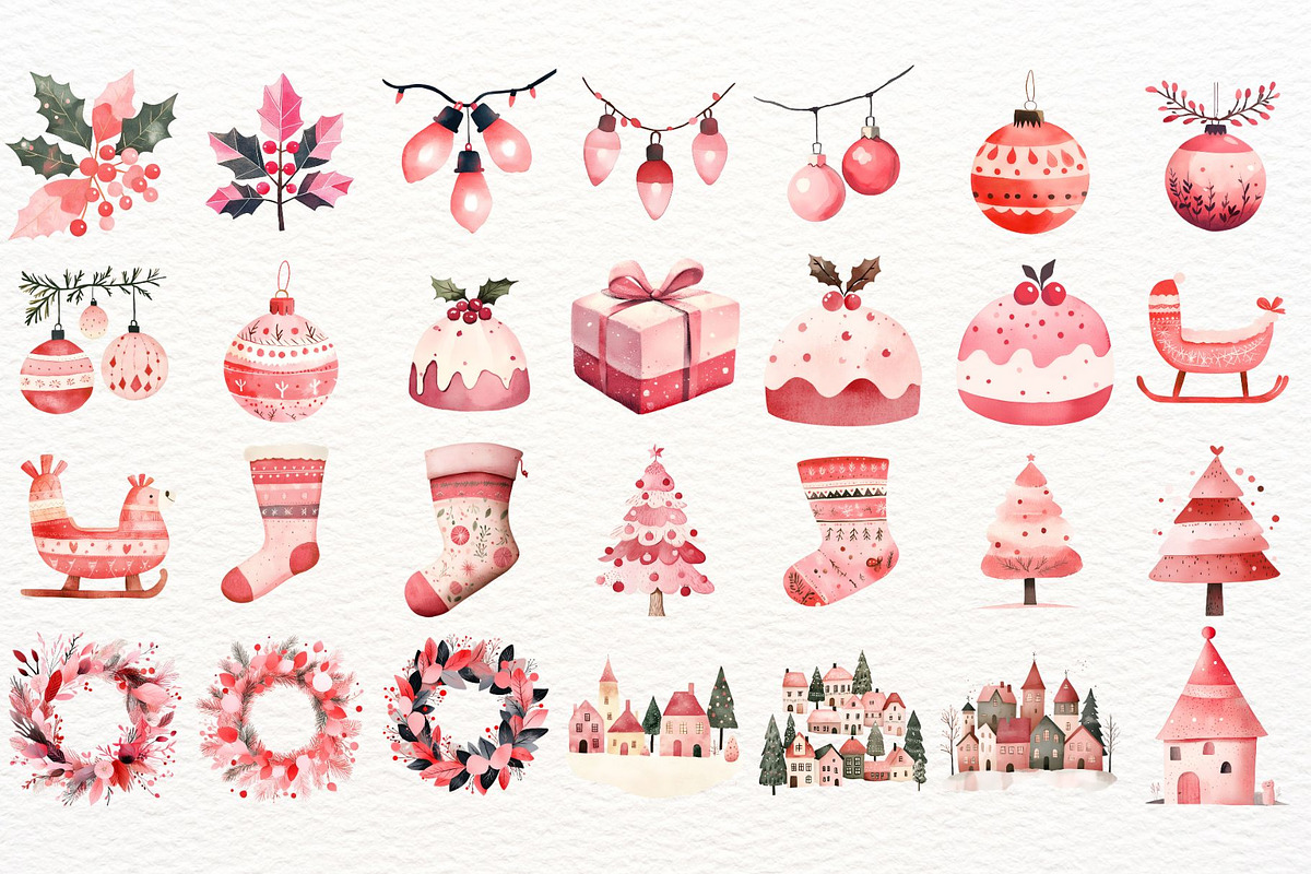 Pink Christmas Watercolor Clipart, a Seasonal Illustration by SugarCloudStudioArt (Photo 5 of 5)