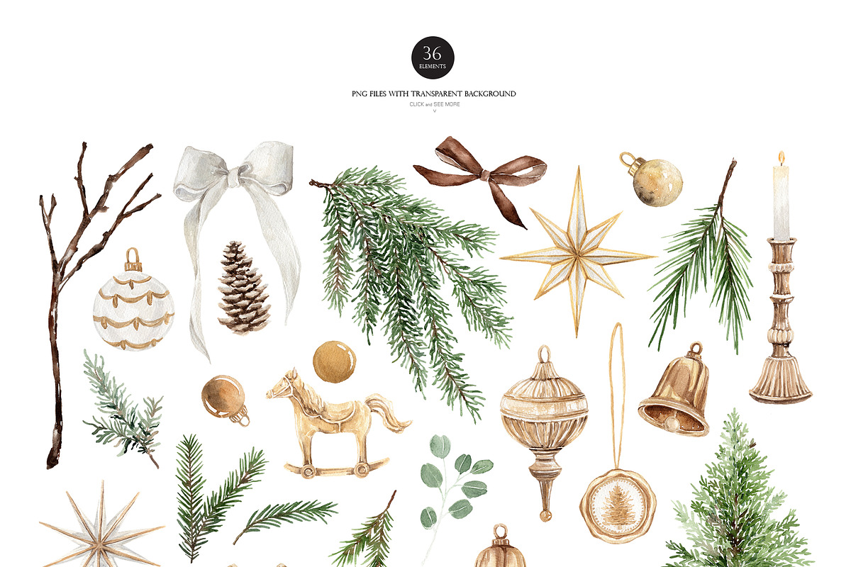 Gold Christmas Watercolor Clipart, a Decorative Illustration by Beigetime (Photo 5 of 18)