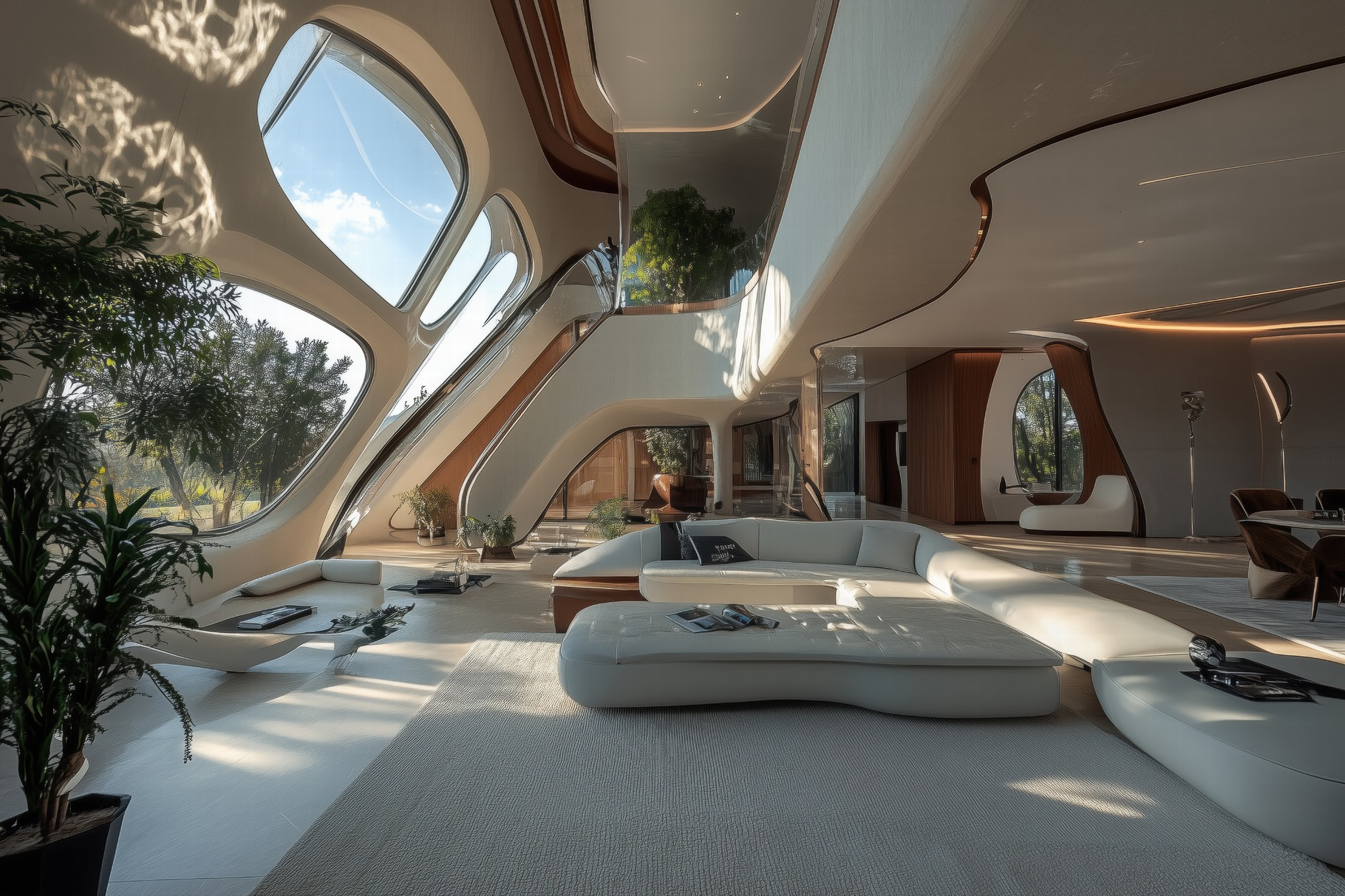 A modern, Futuristic interior design style living room with organic ...