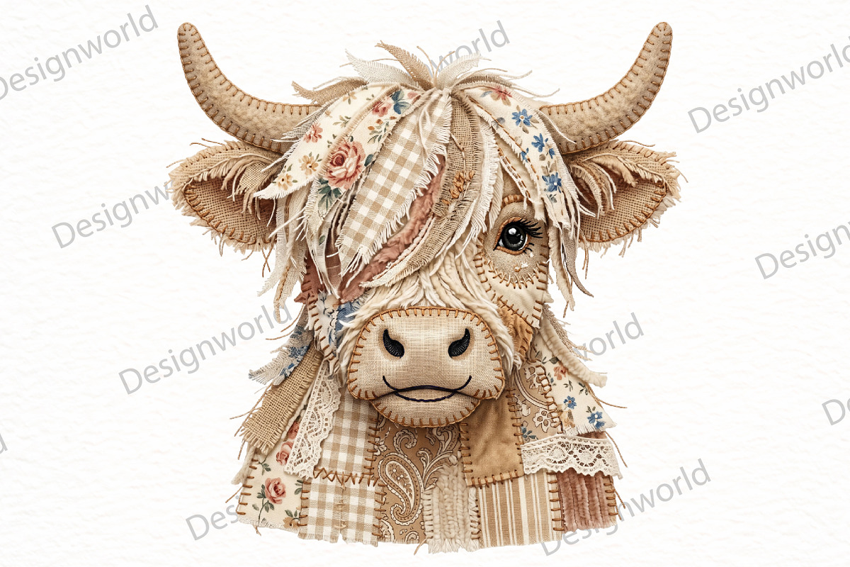 Faux Patchwork Highland Cow PNG, a Seasonal Illustration by Designworld (Photo 1 of 4)