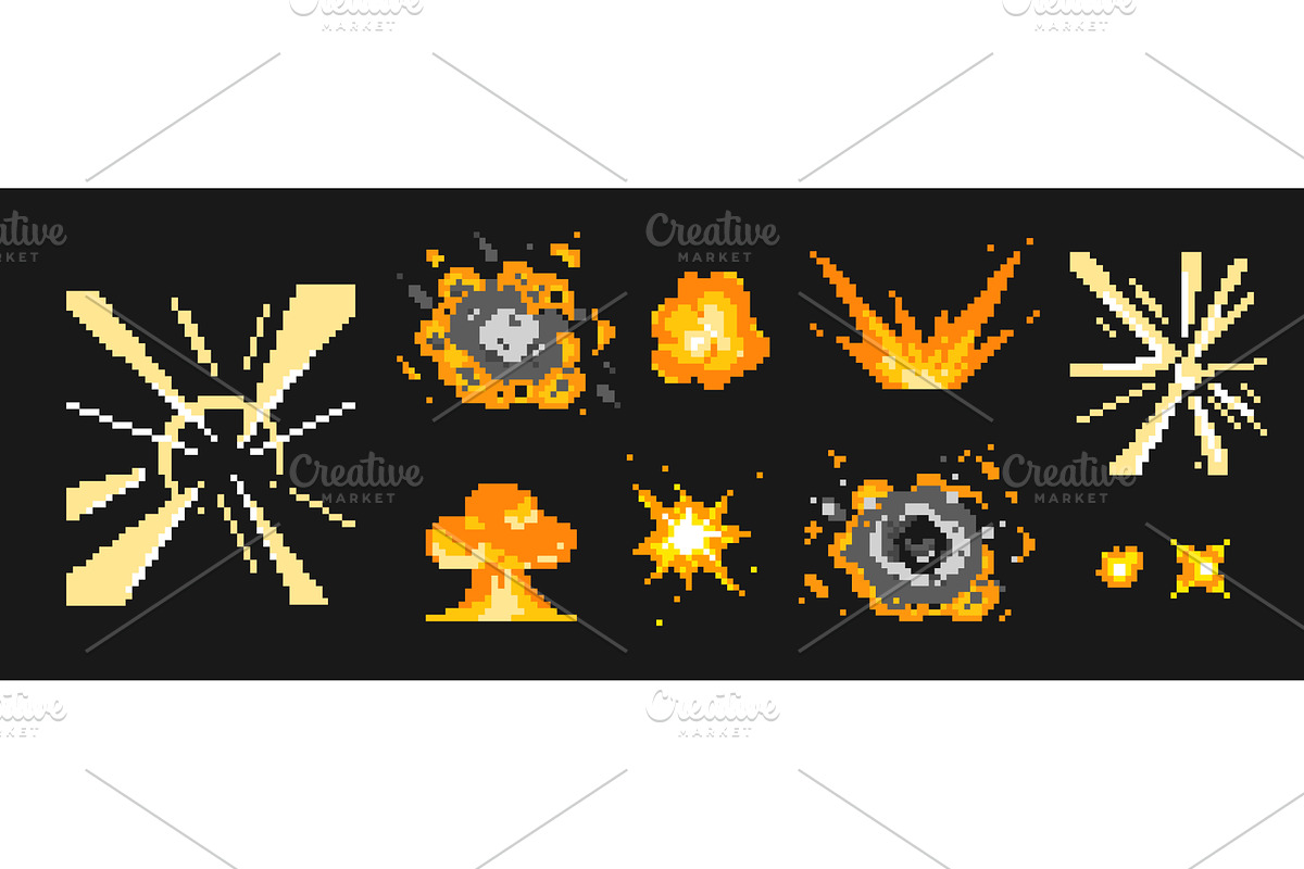 Retro pixel explosions with flames, an Object Illustration by art PVP - market
