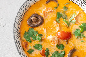Creamy tom yum soup with shrimp, a Food & Drink Photo by Alexander Prokopenko