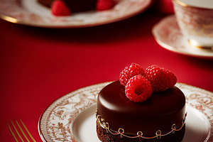 Valentine's Day chocolate cake with raspberries and gold garnish, a Photo by Studio ANNA