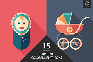Baby time flat square icon set