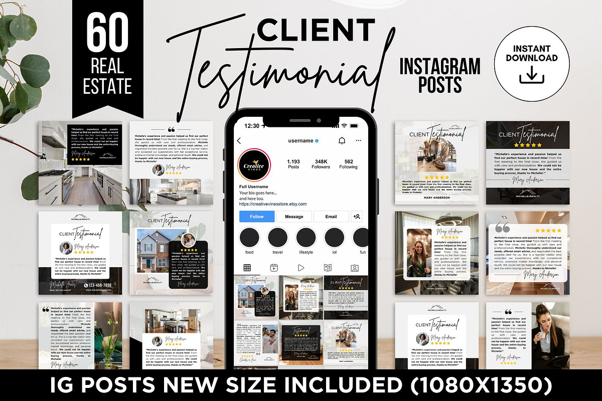Client Testimonial Instagram Posts, a Social Media Template by CreativeVinesStore (Photo 1 of 6)