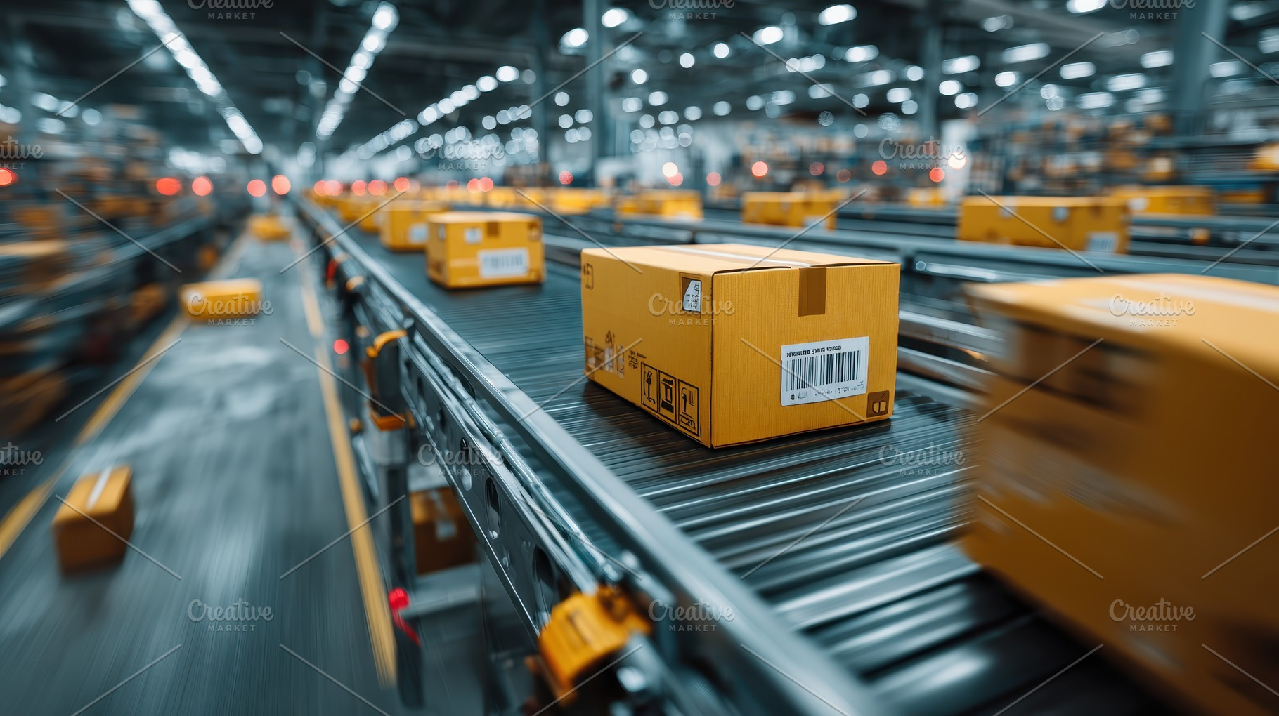 Cardboard boxes moving on conveyor b, a Photo by Pixeness Studio
