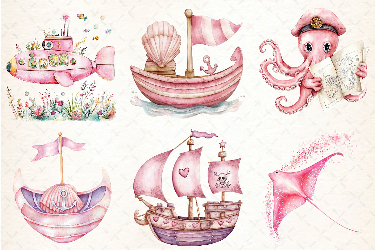 Pink Sea Adventure Clipart, an Illustration by DreamCafeArt (Photo 3 of 8)