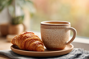 Breakfast with fine ceramic cup and croissant near window on a sunny morning, a Photo by AlyaAnd